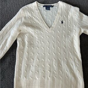 Ralph Lauren Sport V-Neck Sweater in Ivory with Navy Blue Logo